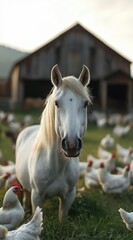 Obraz premium AI generator image of Farmer feeding dairy horses on farm,horses and chickens on the farm, a real photograph, high-definition photography, professional color grading, natural lighting, green grass