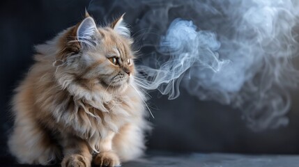 Fluffy cat exhaling smoke against dark background.