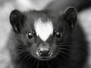 Close-up of black and white baby badger.