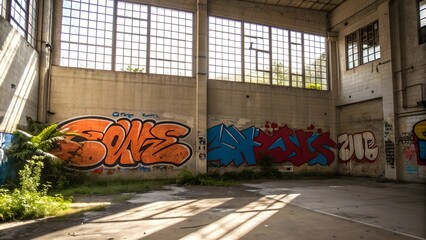 Colorful graffiti art covering an abandoned factory building with a smokestack and overgrown landscape