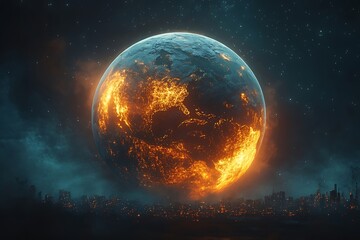 Obraz premium Fiery Planet Over Glowing Cityscape Digital Art