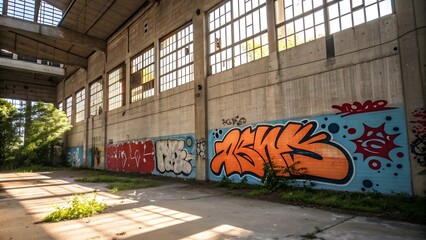 Sunlight illuminating graffiti art on a wall in an abandoned industrial building, showcasing urban decay and artistic expression