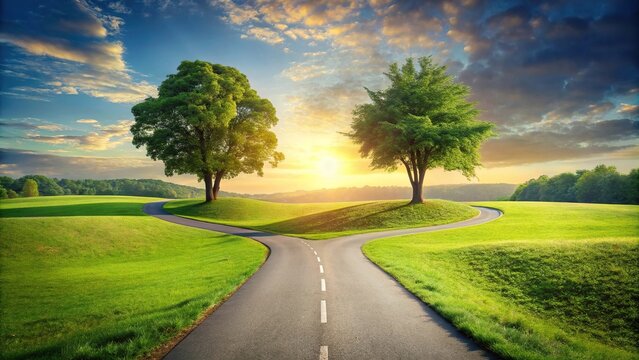 Silhouette of forked road path signifying diverging choices and unity