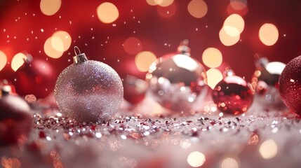 Golden baubles, red ribbons, and stars lying on a holiday surface
Golden and silver baubles lying on a traditional festive fabric
Golden and red Christmas ornaments on a white backdrop
Glittery stars,