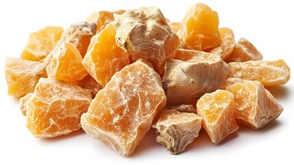Detailed macro photography of fresh ginger root pieces displaying natural fibrous texture and organic characteristics against pure white backdrop with studio lighting.