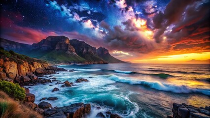 Fototapeta premium Cape Town West Coast Night Seascape: Starry Sky, Ocean Waves, Dramatic Coastline Photography