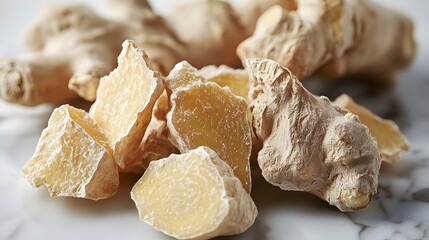 Detailed macro&nbsp;photography&nbsp;of fresh&nbsp;ginger root pieces&nbsp;displaying&nbsp;natural&nbsp;fibrous texture and organic&nbsp;characteristics&nbsp;against&nbsp;pure&nbsp;white backdrop&nbsp;with&nbsp;studio&nbsp;lighting.