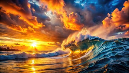 Obraz premium Big waves crash in a dramatic coastal sunset; high-resolution seascape photography captures the epic view.