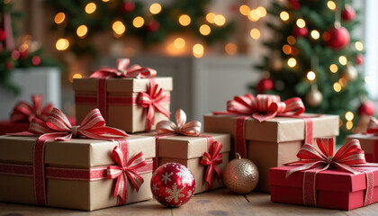 Obraz premium Beautifully wrapped Christmas presents, beautifully wrapped for a charity event next to a decorated Christmas tree