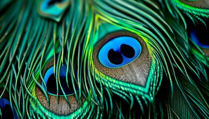 Naklejka premium Macro shot of vivid peacock feathers with detailed eye pattern and iridescent colors, nature photograph PC, laptop wallpaper