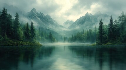 Misty mountain lake scene, trees on shores, reflections.