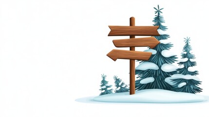 Snowy Winter Forest Scene with Wooden Signpost