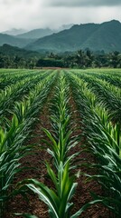 A photograph of an endless sugarcane field in the Hawaiian Islands, with mountains and palm trees visible in the background