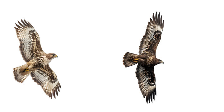 common buzzard in flight isolated on a white background. Generative AI.