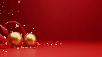 Golden baubles, red ribbons, and stars lying on a holiday surface
Golden and silver baubles lying on a traditional festive fabric
Golden and red Christmas ornaments on a white backdrop
Glittery stars,