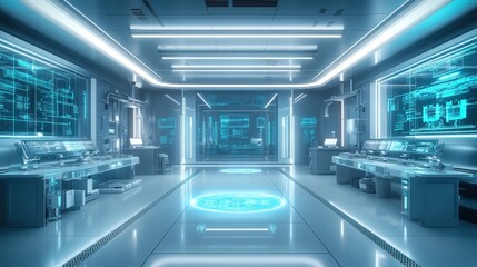 Obraz premium Futuristic laboratory with holographic displays and advanced technology.