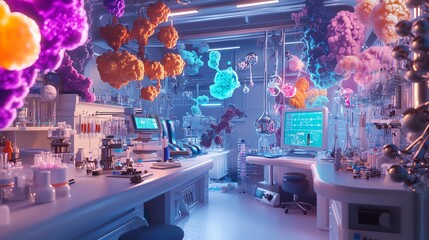 Futuristic lab filled with vibrant chemicals.