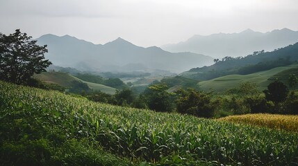 A photograph of an endless sugarcane field in the Hawaiian Islands, with mountains and palm trees visible in the background