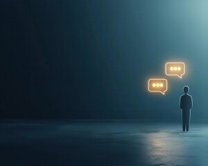 Obraz premium A silhouette of a person standing alone in darkness, with glowing chat bubbles symbolizing conversation and communication. digital marketing and branding engagement concept.