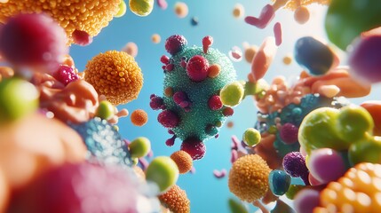 Colorful microorganisms in a vibrant environment.