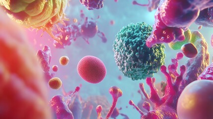 Colorful microscopic view of cellular structures.