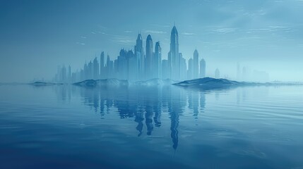 A serene, blue-toned city skyline reflected in calm waters, evoking a futuristic atmosphere.