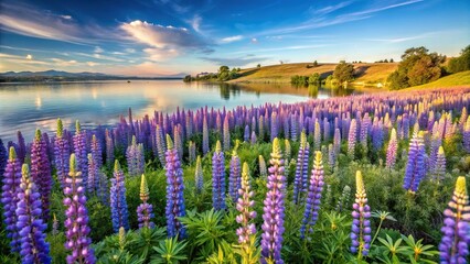 Silhouette of lupine flowers against Folsom Lake at sunset