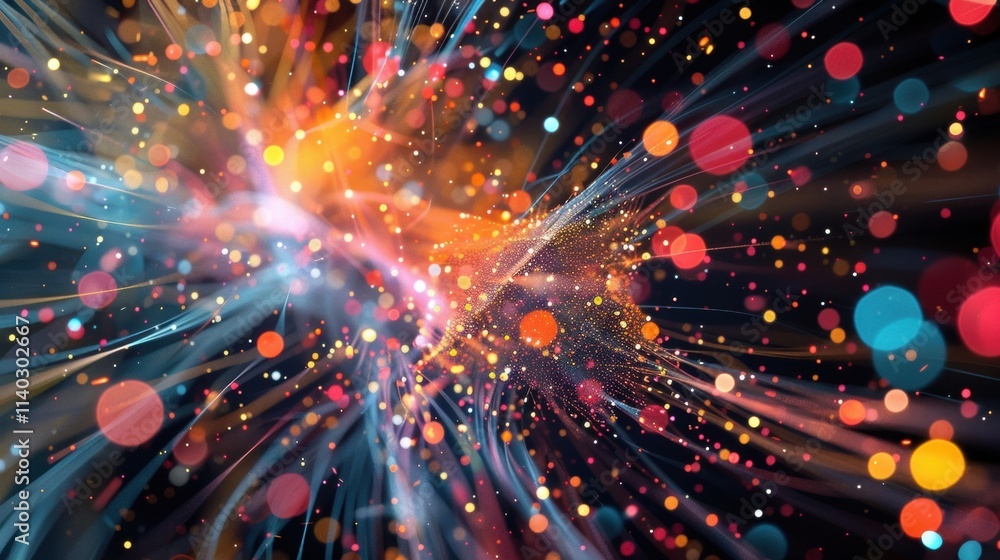 Poster big data flowing through cyberspace as colorful lights streak across a dark background, creating a d