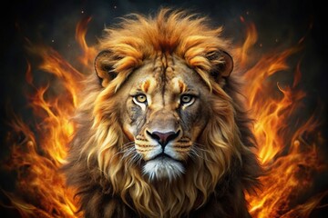 Fototapeta premium Silhouette of majestic lion with fiery mane on dark background