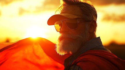 Man with sunglasses at sunset holding flag.