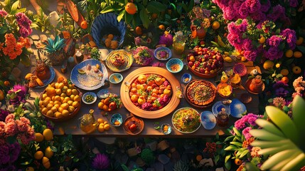 Vibrant feast surrounded by blooming flowers.