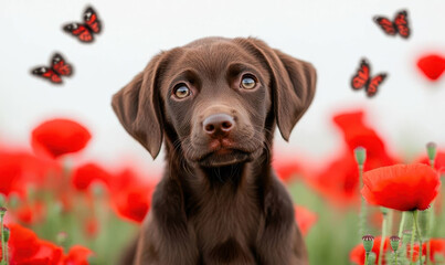 Butterflies flying around a chocolate labrador puppy dog