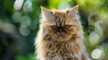 Ginger Persian cat with a serious expression,  against a blurred background of greenery.