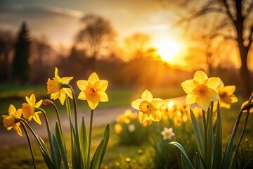 Fototapeta premium Silhouette of narcissus flowers in a country garden during summer