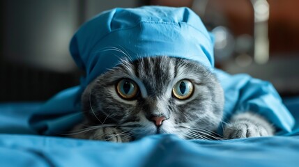 Grey cat wearing blue medical scrubs.