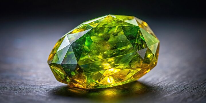 Silhouette of natural green and yellow sphene titanite gem on blurred background