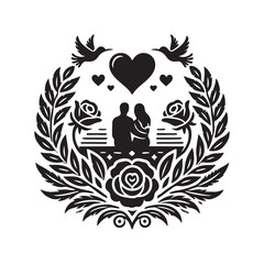 Black Color Valentines Day Silhouette Vector Illustration, Solid White Background.