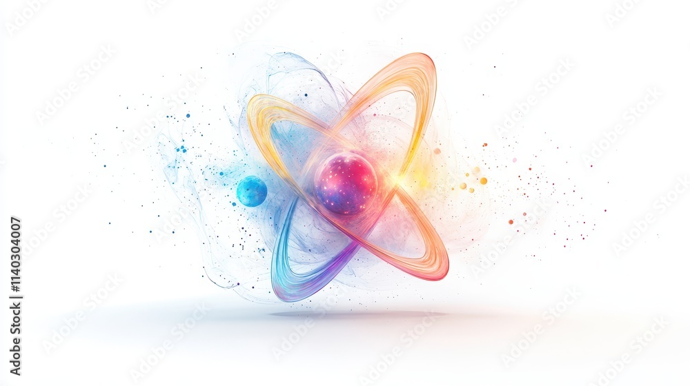 Poster a colorful representation of an atom with swirling particles and energy.