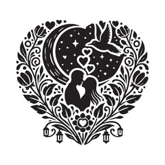 Black Color Valentines Day Silhouette Vector Illustration, Solid White Background.