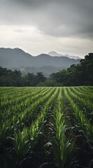 Fototapeta premium A photograph of an endless sugarcane field in the Hawaiian Islands, with mountains and palm trees visible in the background