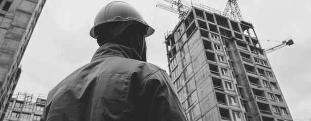 Fototapeta premium An engineer wearing a construction helmet stands in front of a building under construction.
