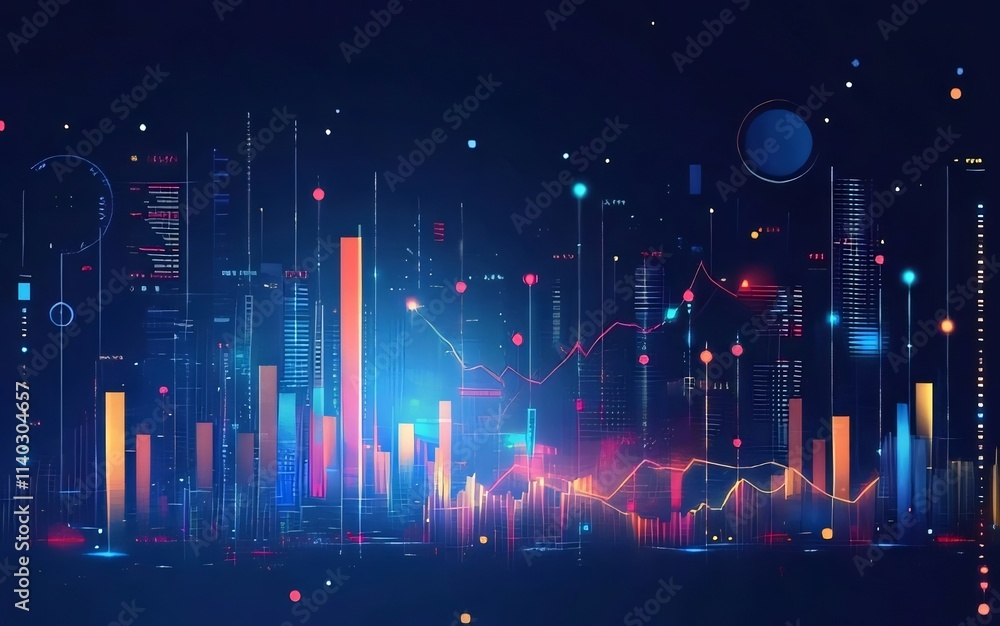 Poster abstract digital city skyline with glowing data graphs and charts.