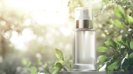 Natural Beauty Product Mockup Glass Bottle with Sprayer in Lush Green Foliage