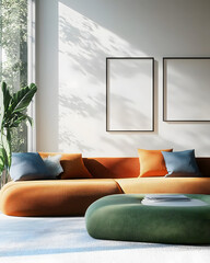Modern minimalist living room with colorful sofa design