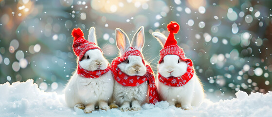 snow rabbits in christmas outfit outdoor in snow landscape