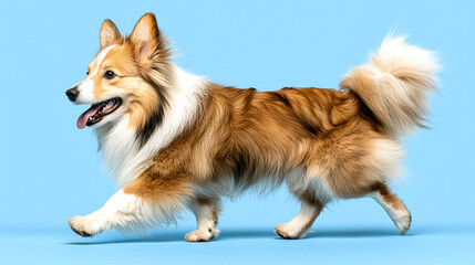 Fluffy dog running on blue background.