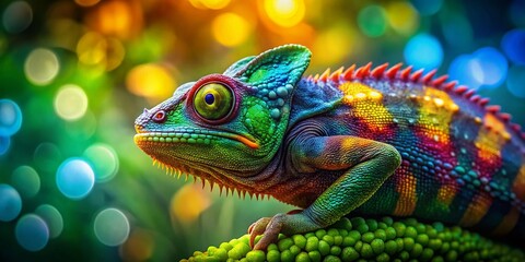 Fototapeta premium Chameleon Color Change, Bokeh Background, Reptile Transformation, Vivid Colors, Nature Photography
