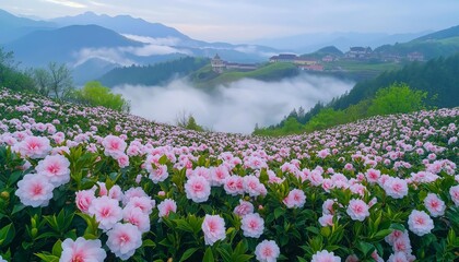 Fototapeta premium AI generator images of pink flower field that is in full bloom on the mountain There is beautiful morning mist, a field of carnations