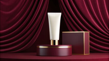 Luxury products podium concept, Luxury skincare product display with rich drapery.