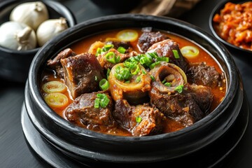 Gori Gomtang Korean oxtail stew served in a black bowl with kimchi and green onion on a dark wooden table